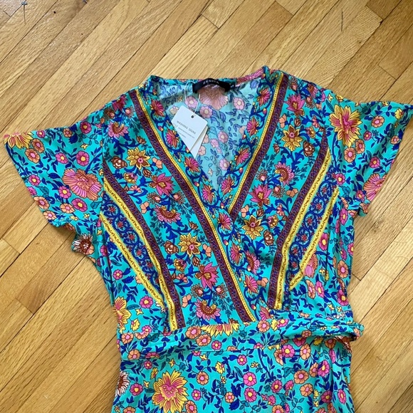 Floral V-Neck Surplice Hem Wrap Tie Side Butterfly Sleeve Maxi Dress Size S - Picture 3 of 12